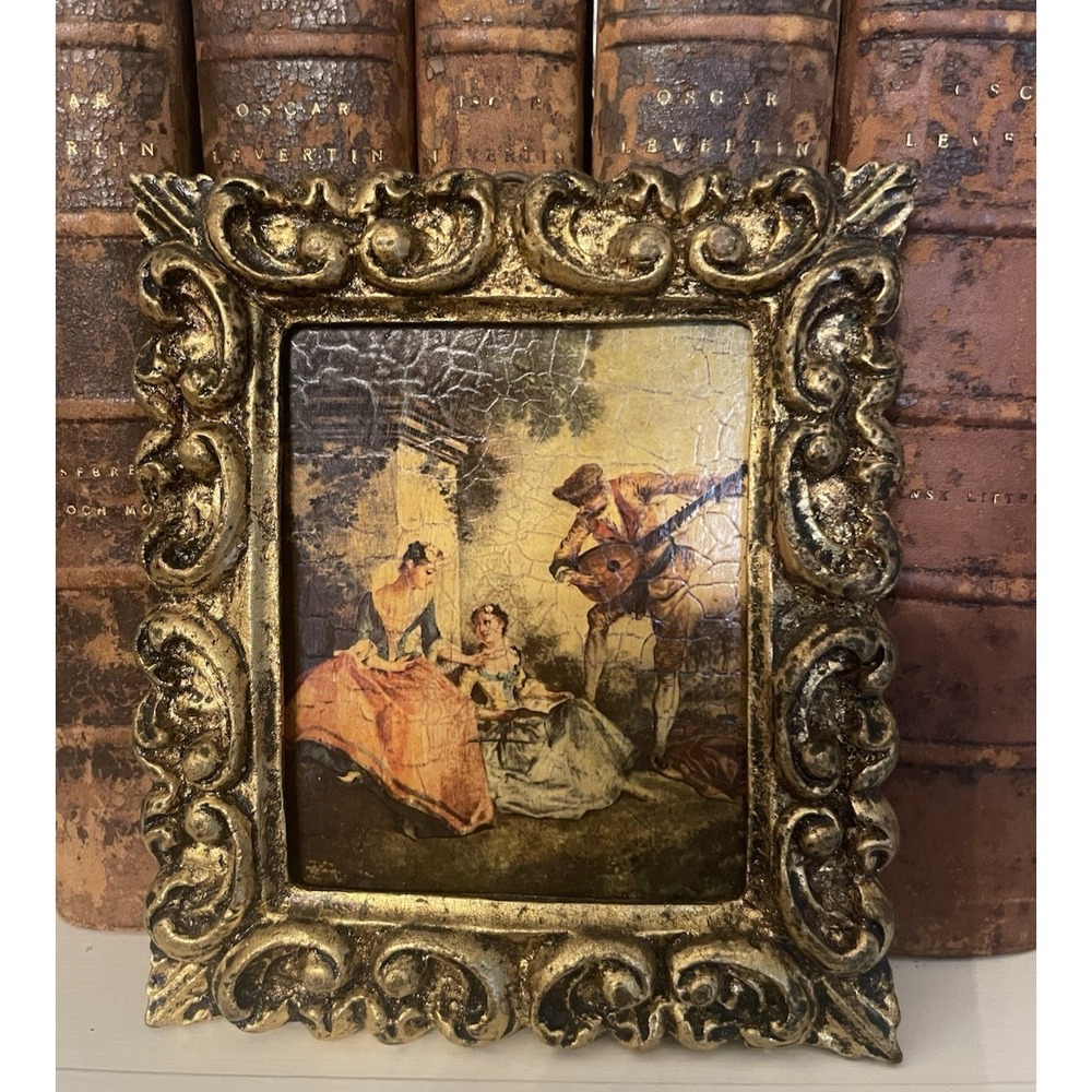 Vtg Italian Florentine Ornate Gold Gilt The Music Lesson Framed  Wall Art 5x5.5"
